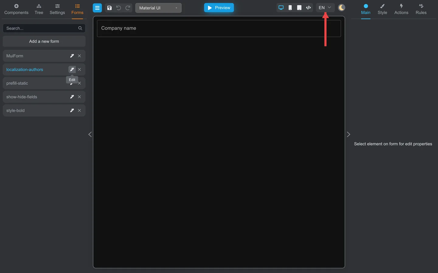 Header language picker with arrow pointing to the EN language selector.