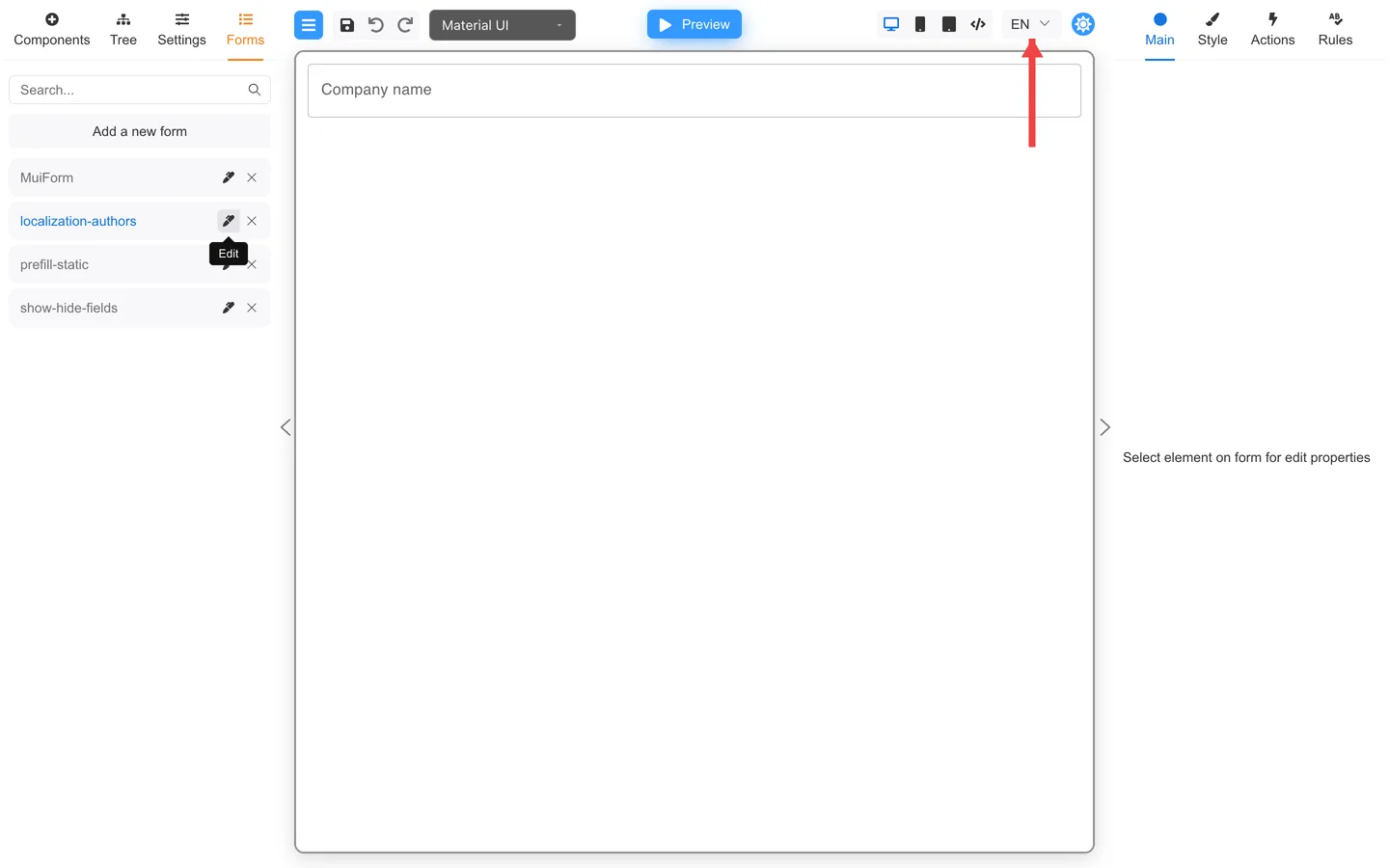 Header language picker with arrow pointing to the EN language selector.