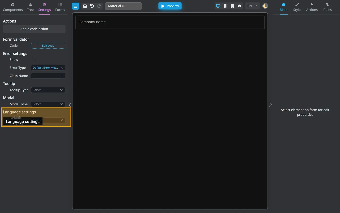Settings tab with the Language settings block highlighted.