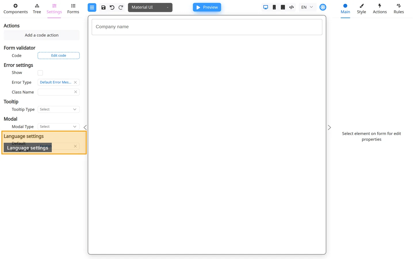 Settings tab with the Language settings block highlighted.