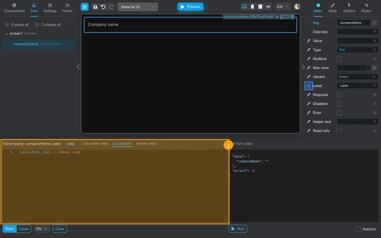 Localization editor open for a field Label property with language entries.