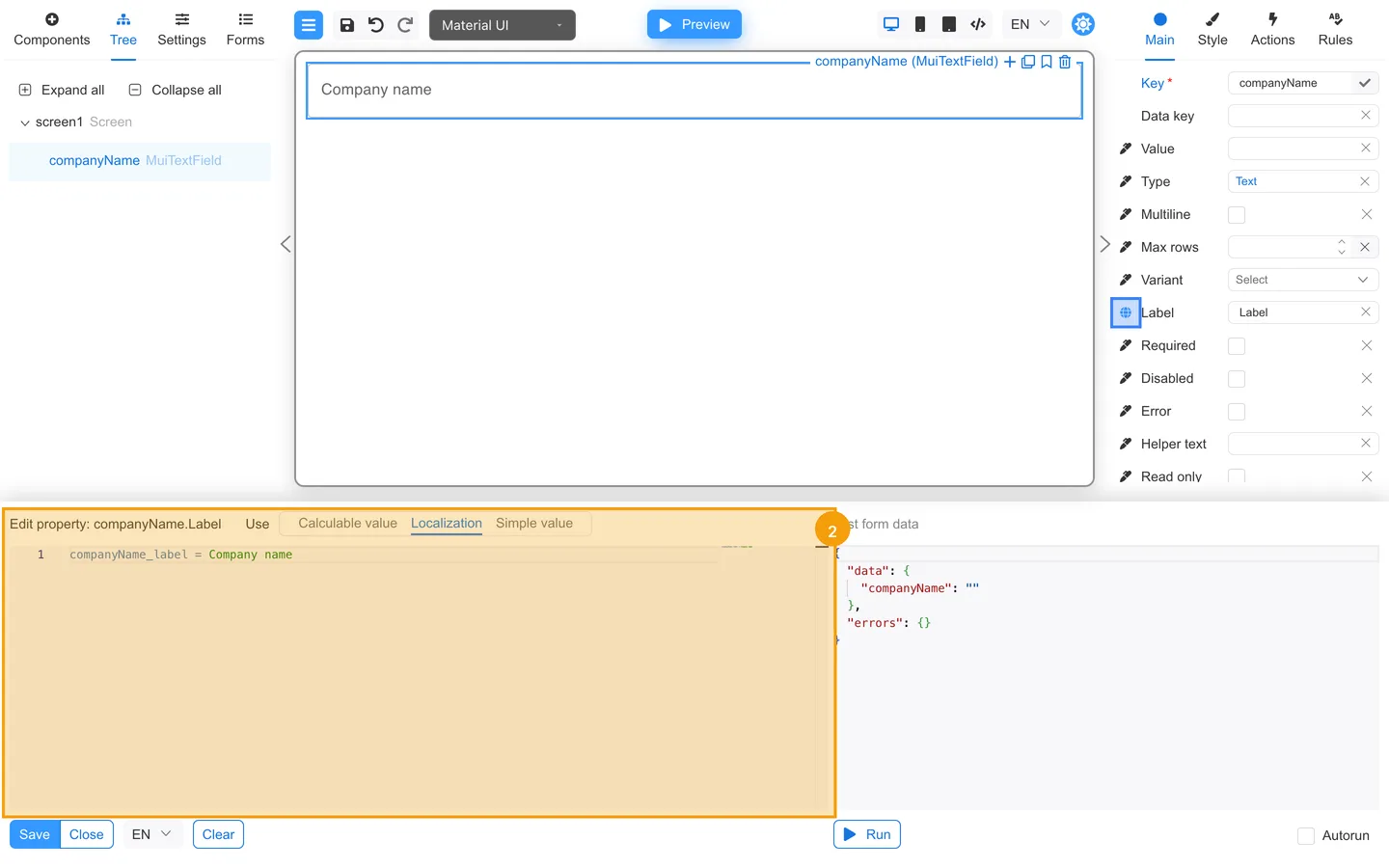 Localization editor open for a field Label property with language entries.