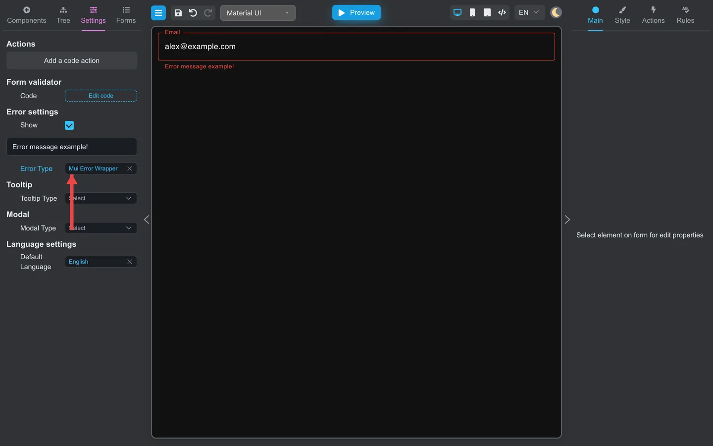 Error settings block with arrow pointing to the error type picker.