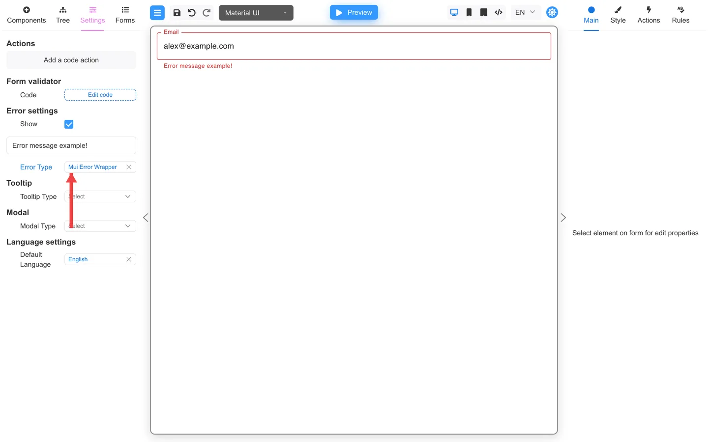 Error settings block with arrow pointing to the error type picker.