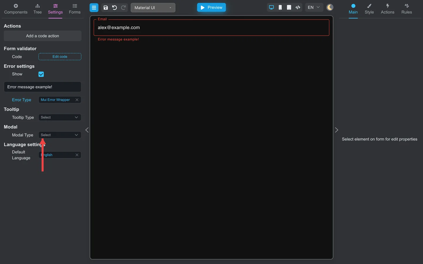 Modal settings block with arrow pointing to the modal type picker.
