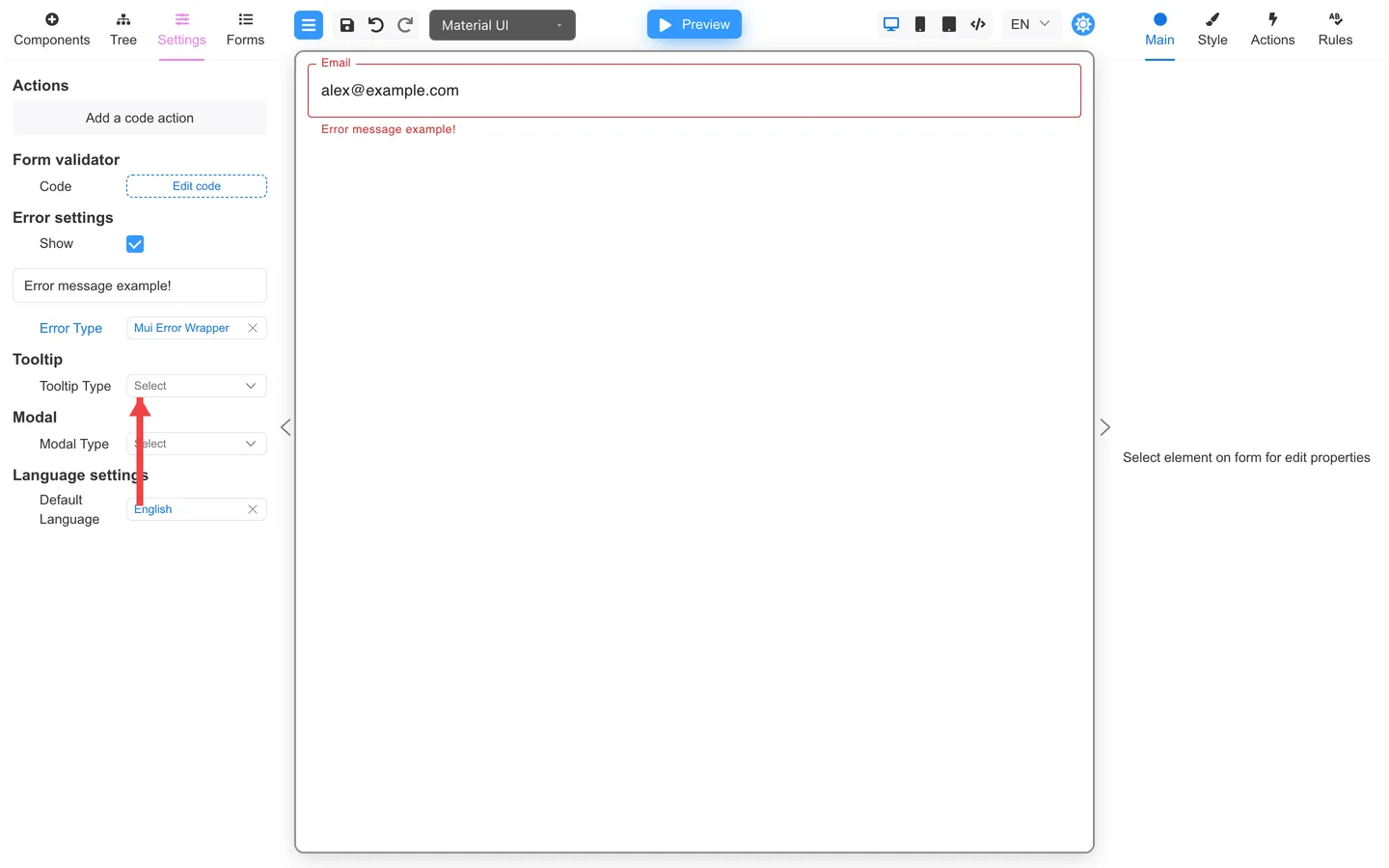 Tooltip settings block with arrow pointing to the tooltip type picker.