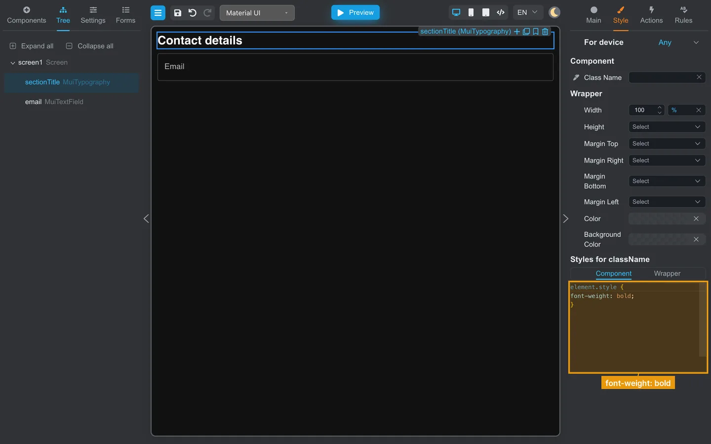 Style tab with font-weight bold CSS applied to the Contact details heading.