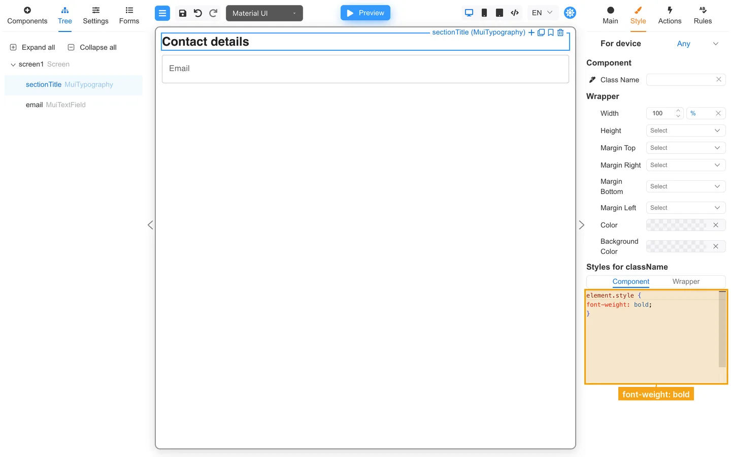 Style tab with font-weight bold CSS applied to the Contact details heading.