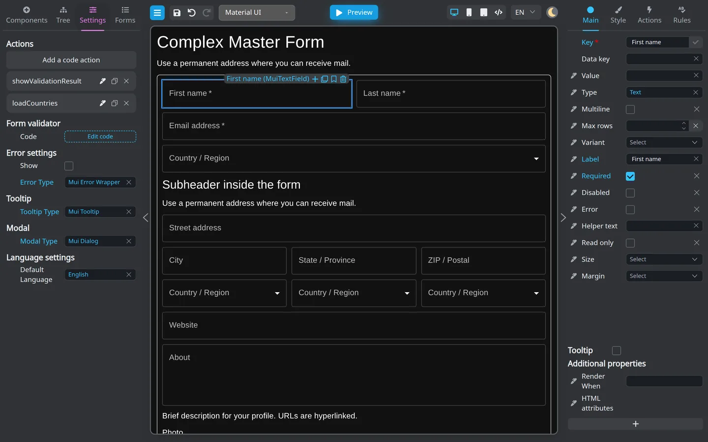 Error settings on the Settings tab.