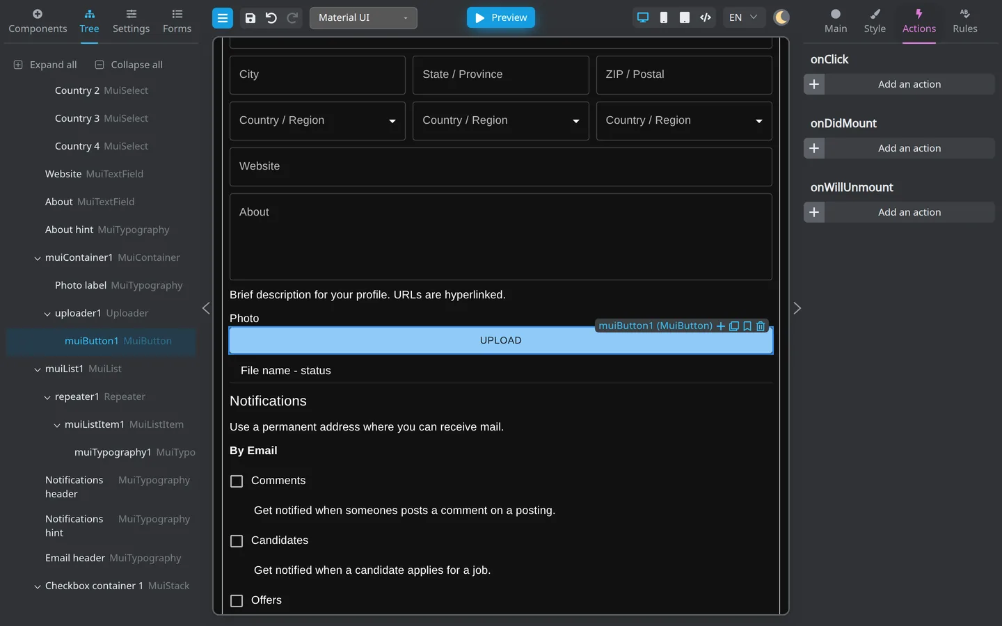 Actions tab on a selected button.