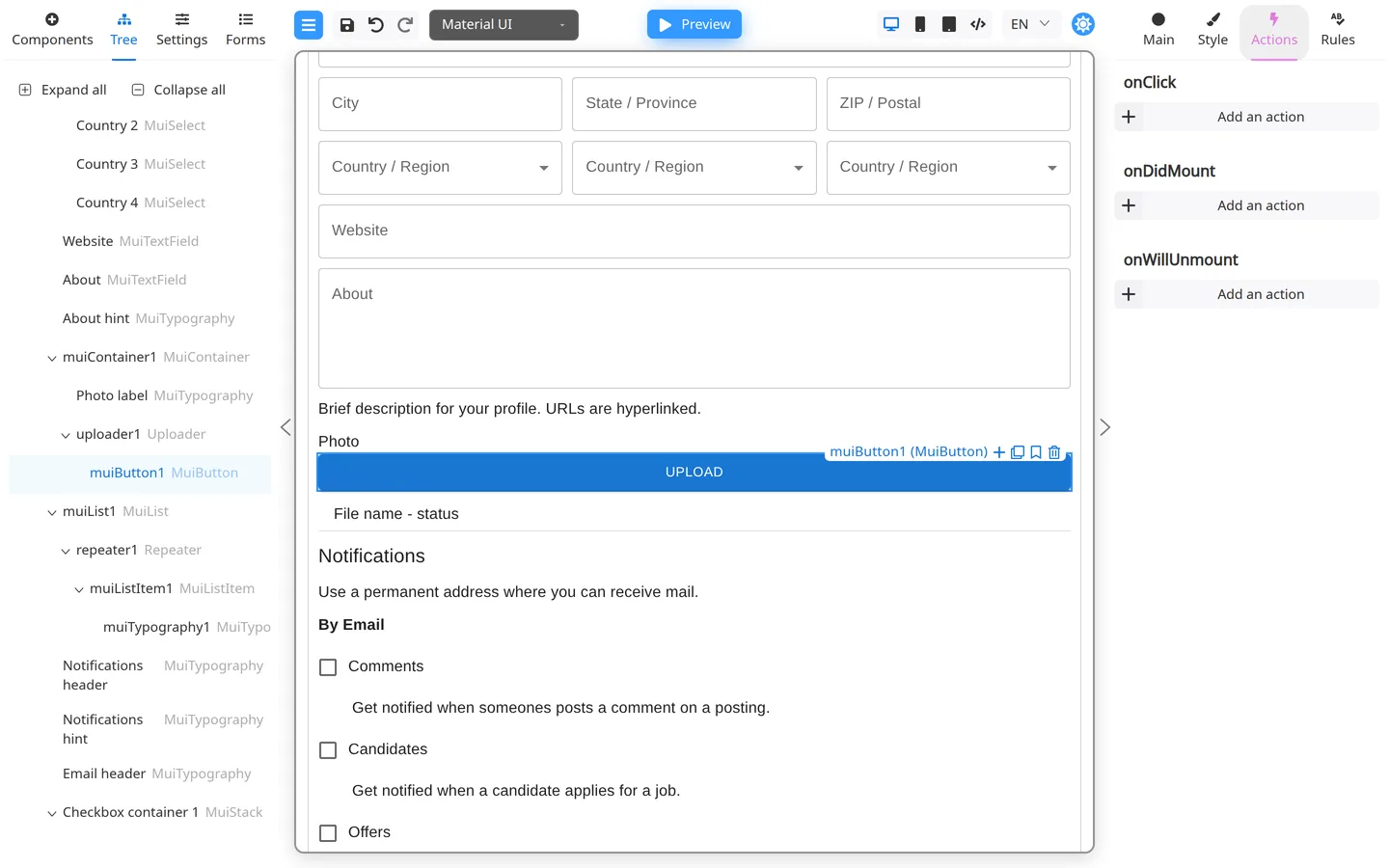 Actions tab on a selected button.