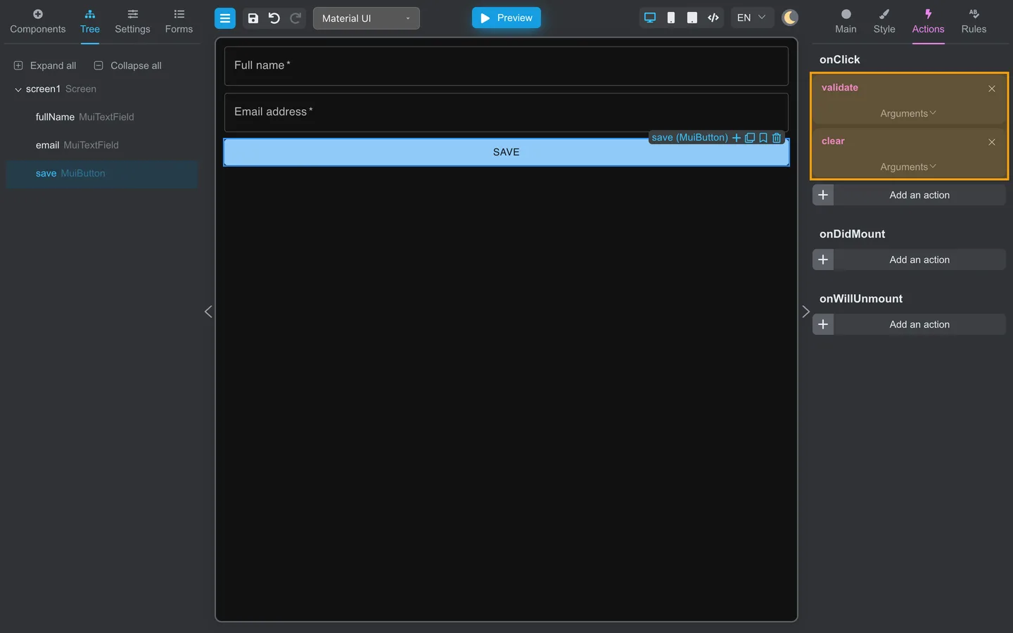 onClick list with validate above clear, both highlighted for reordering.