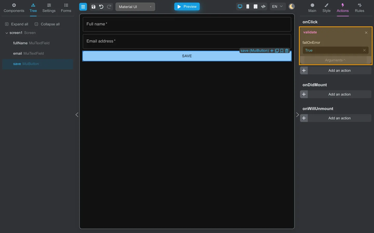 Save button Actions tab with validate expanded and failOnError set to True.