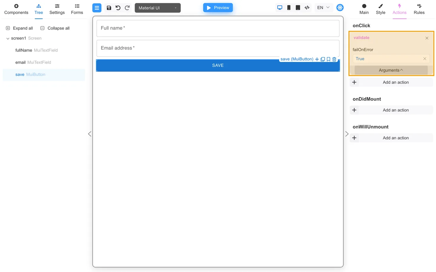 Save button Actions tab with validate expanded and failOnError set to True.