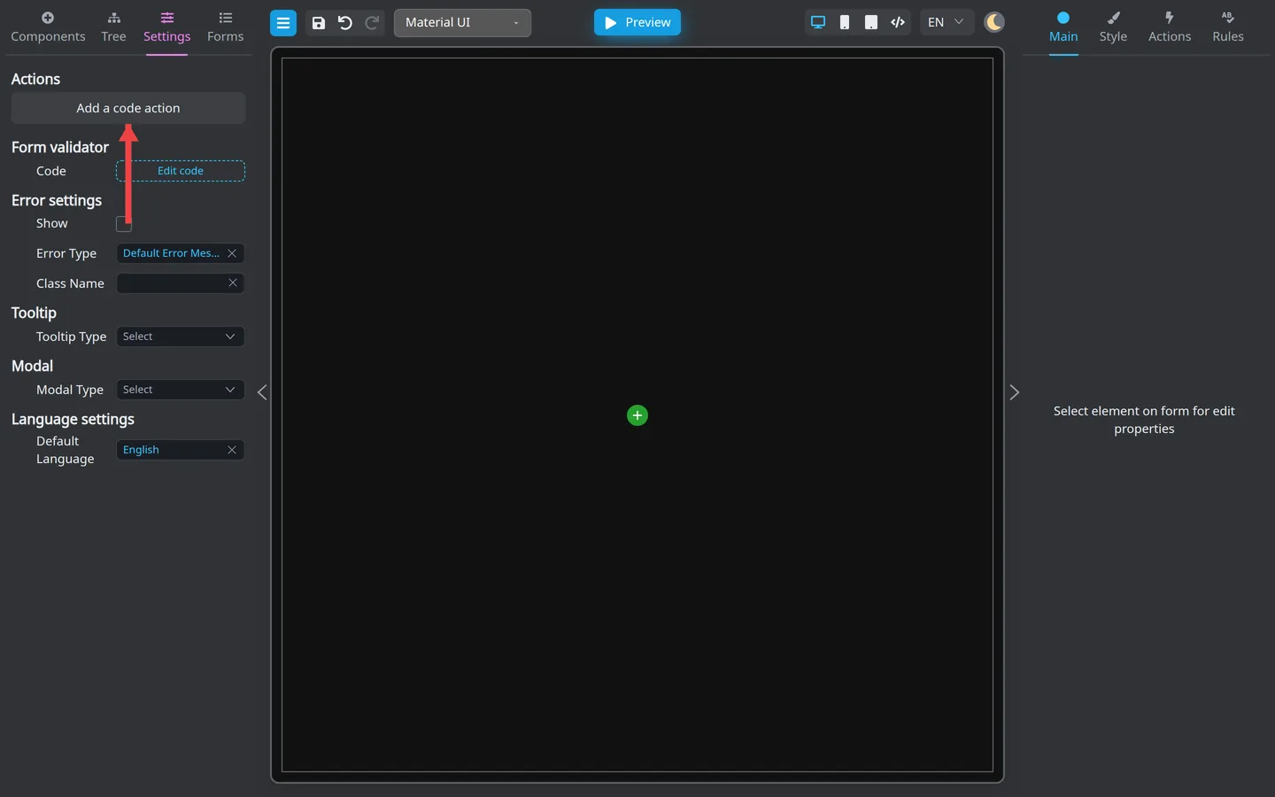 Settings Actions block with an arrow pointing to Add a code action.