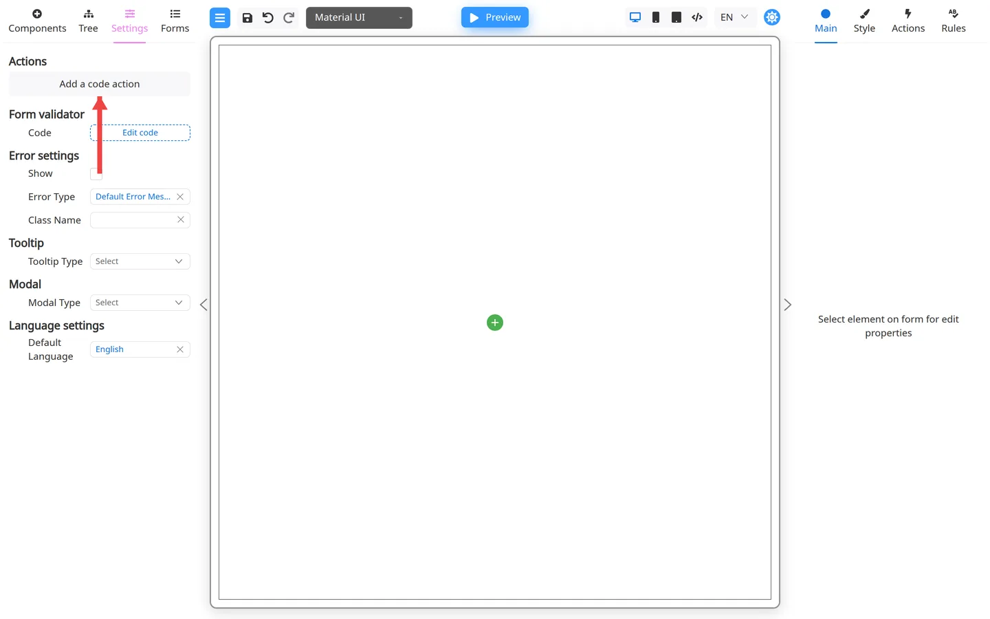 Settings Actions block with an arrow pointing to Add a code action.