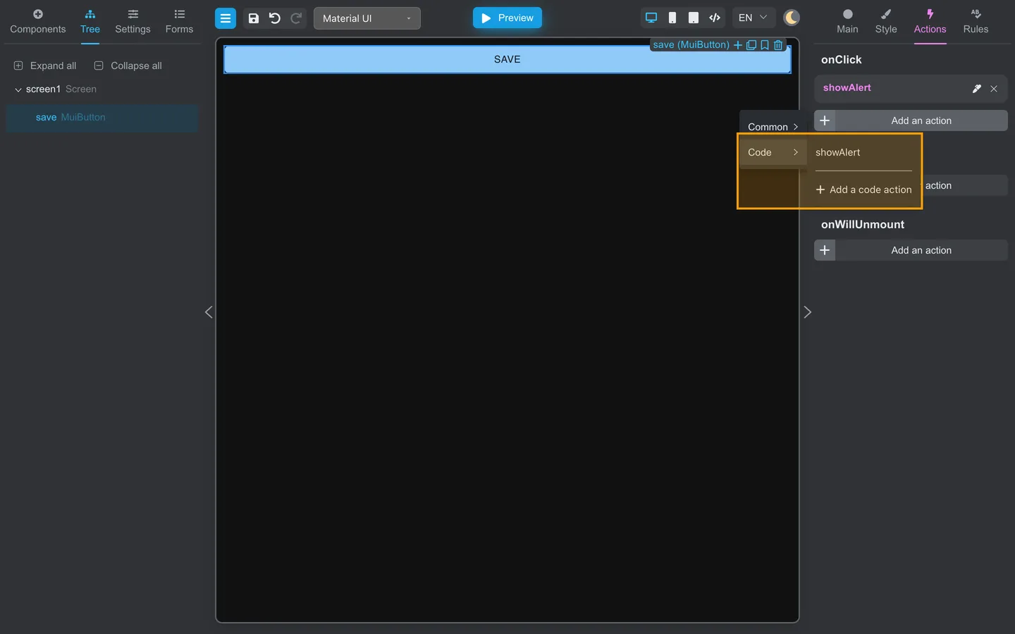 Code submenu with a saved code action and Add a code action.