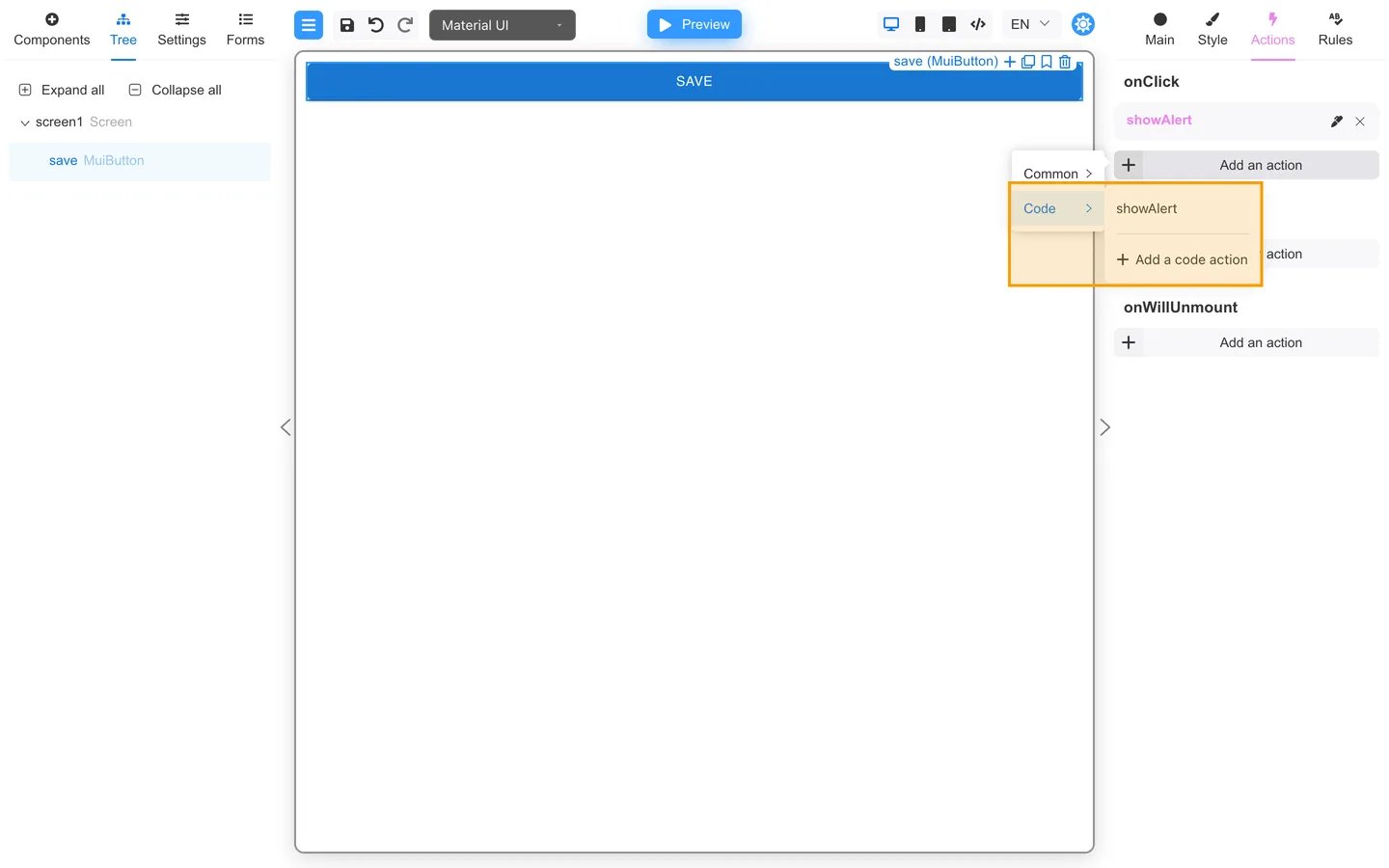 Code submenu with a saved code action and Add a code action.