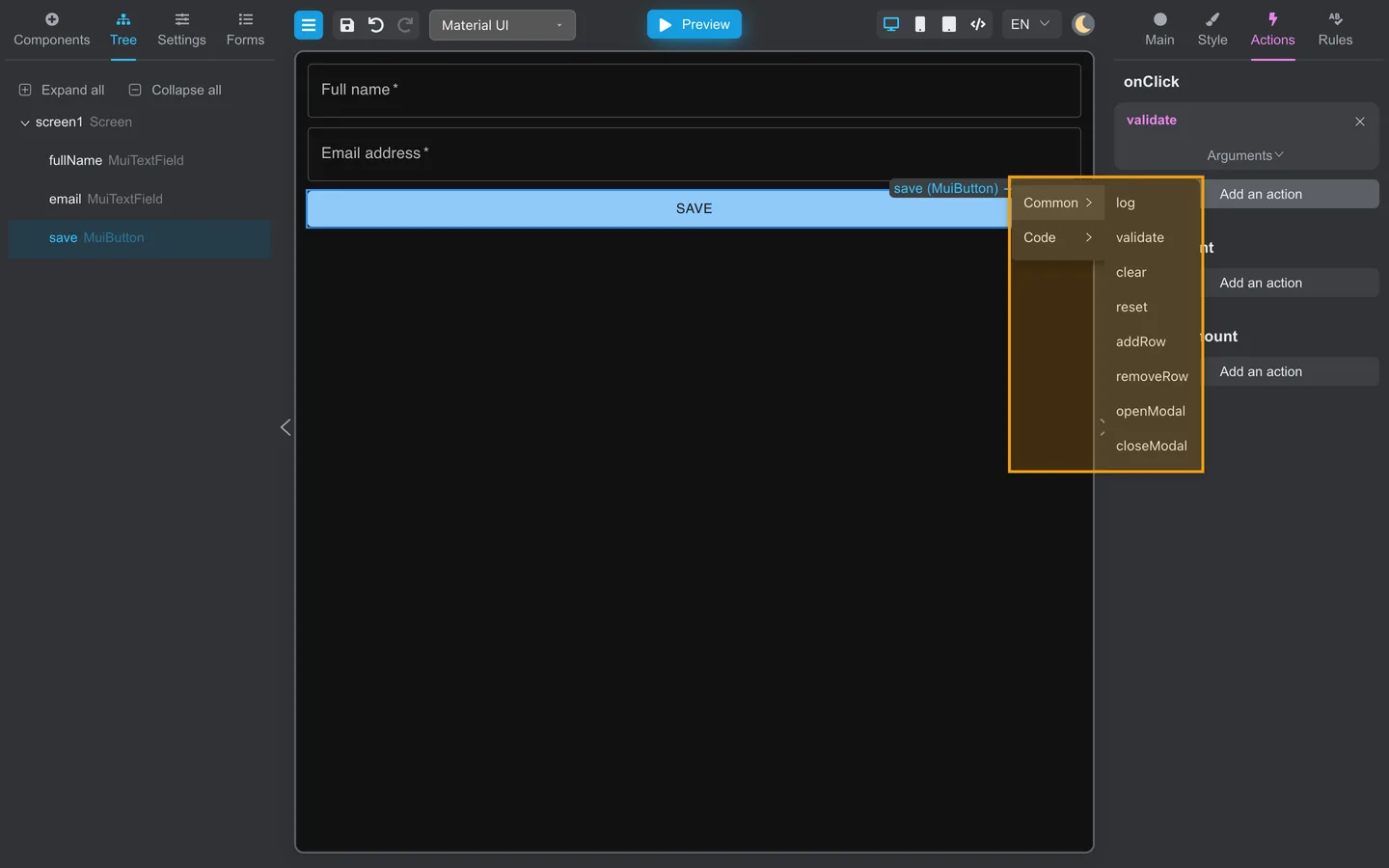 Common submenu listing built-in actions such as validate and clear.