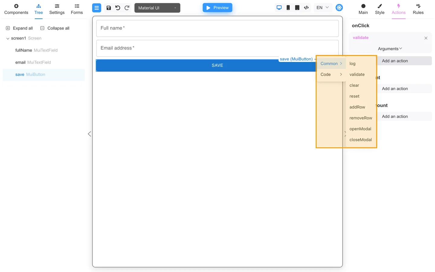 Common submenu listing built-in actions such as validate and clear.