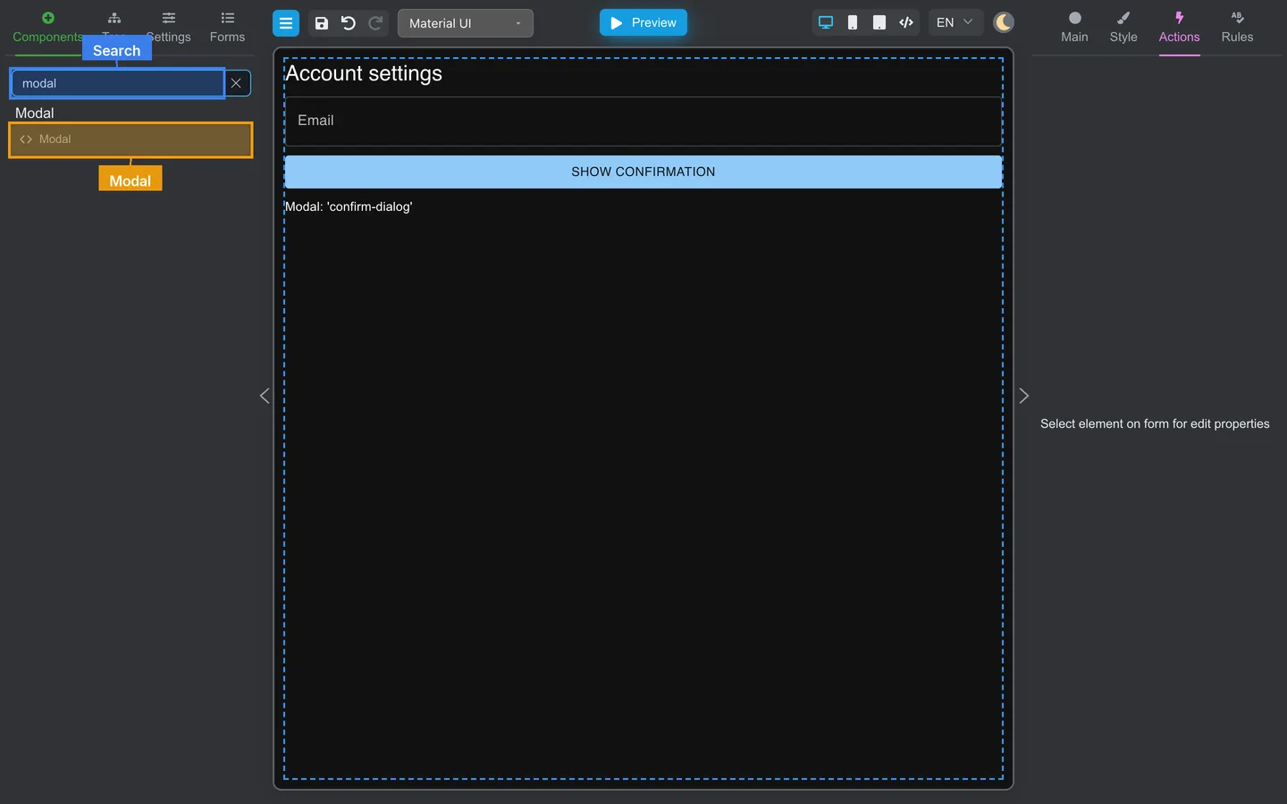 Components search for modal with the Modal palette item highlighted.