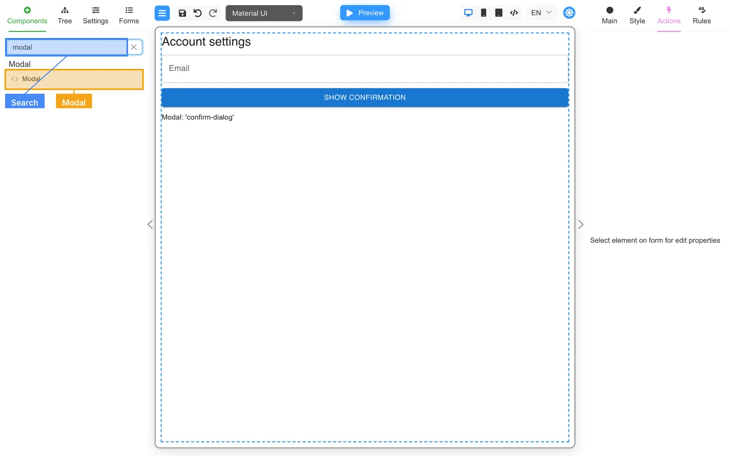 Components search for modal with the Modal palette item highlighted.