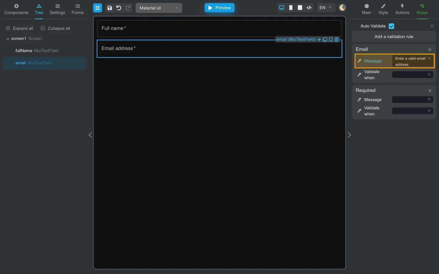 Rules tab for the Email field with Message set to Enter a valid email address.