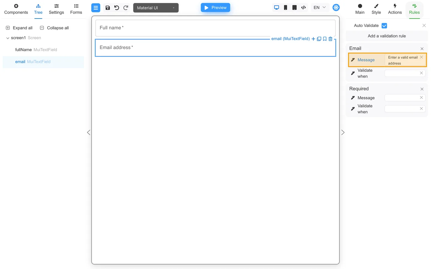 Rules tab for the Email field with Message set to Enter a valid email address.
