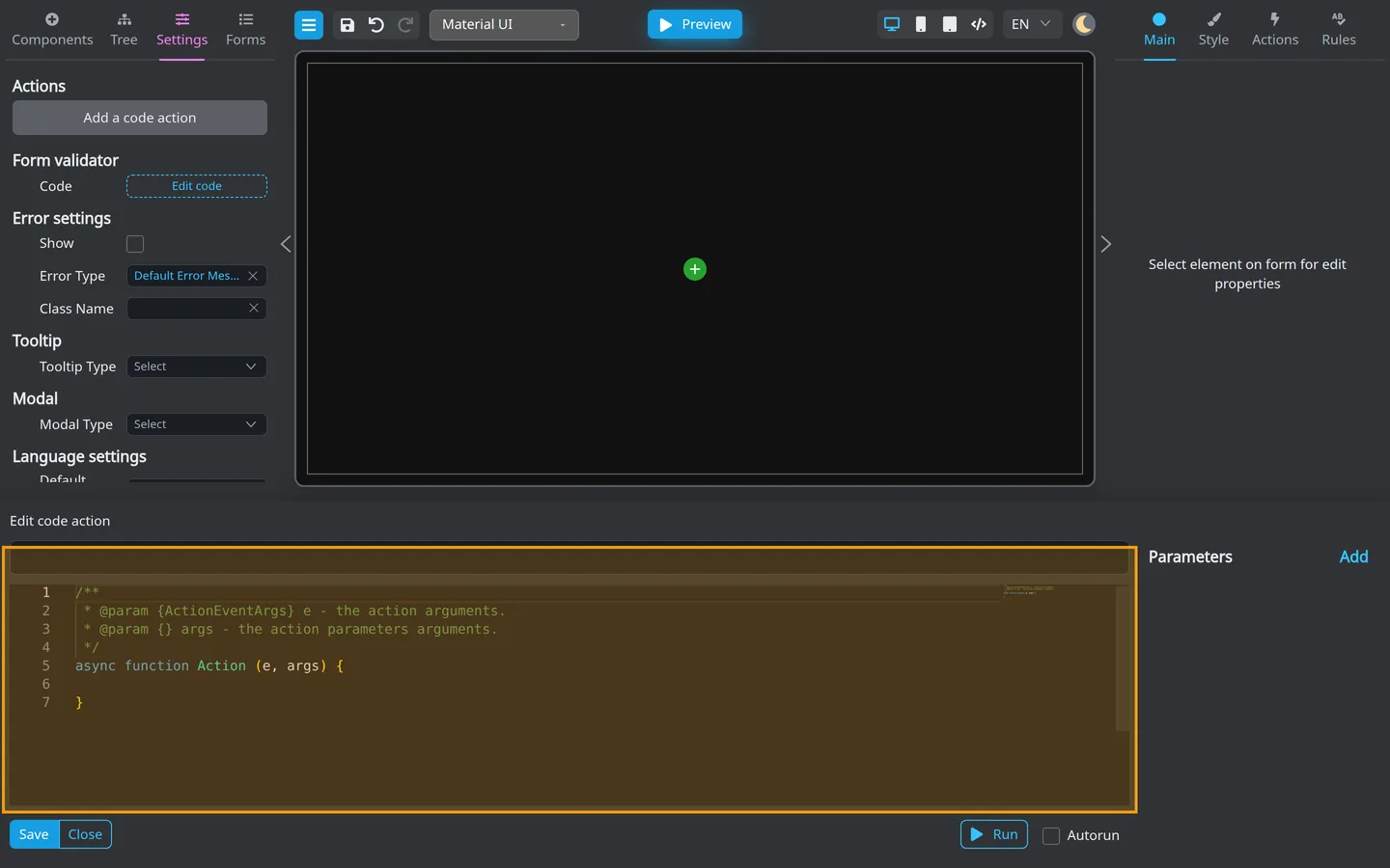 Bottom panel code editor open for a new form-level code action.