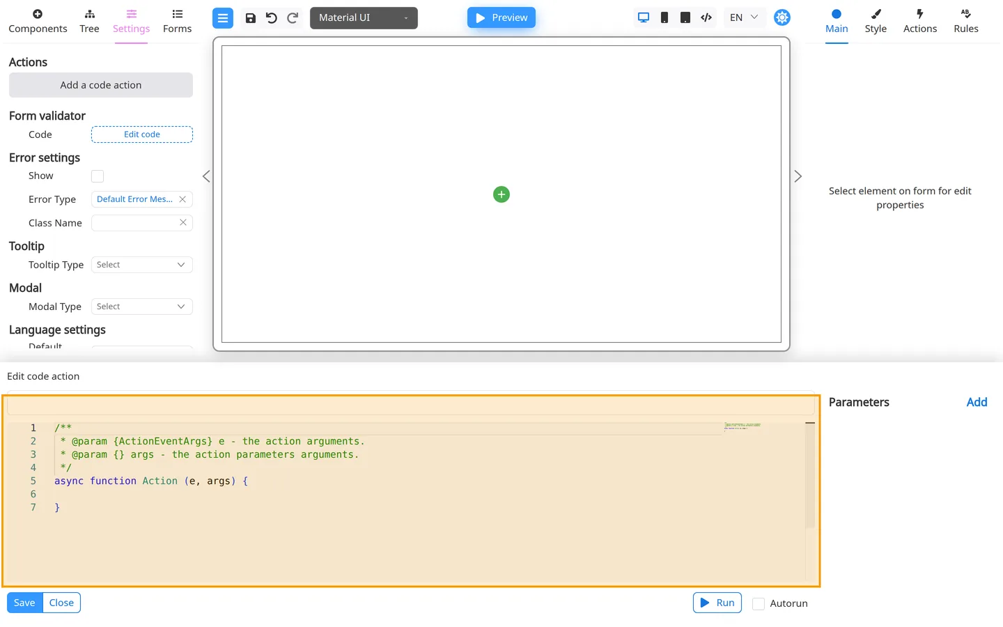 Bottom panel code editor open for a new form-level code action.