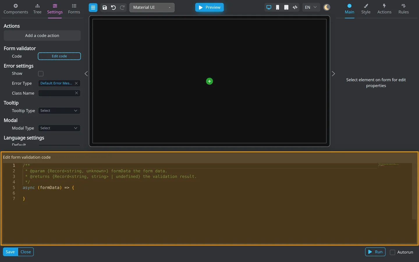 Bottom panel code editor open for Edit form validation code.
