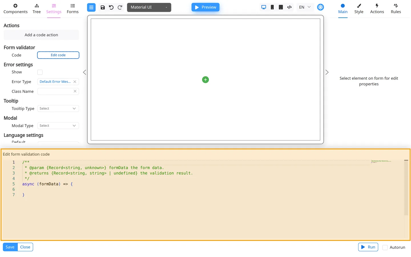 Bottom panel code editor open for Edit form validation code.