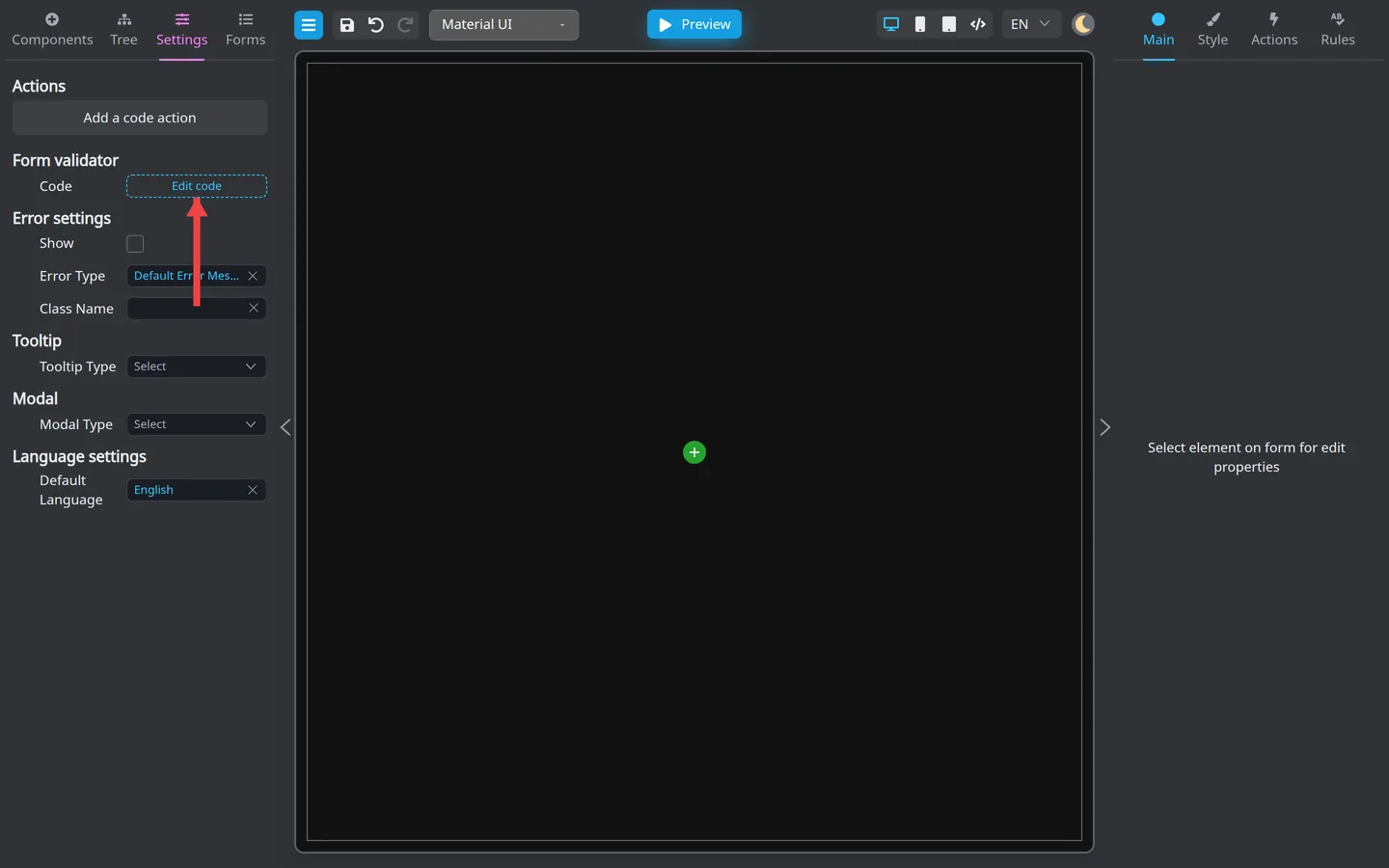 Form validator block with an arrow pointing to Edit code.