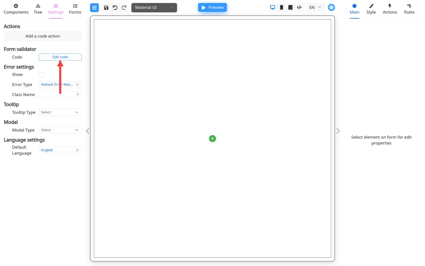 Form validator block with an arrow pointing to Edit code.