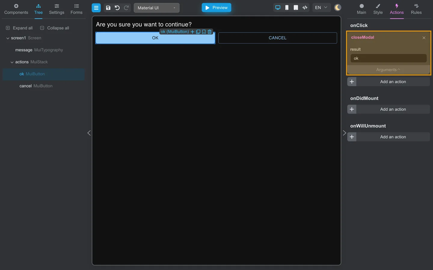 OK button Actions tab with closeModal and result ok highlighted.