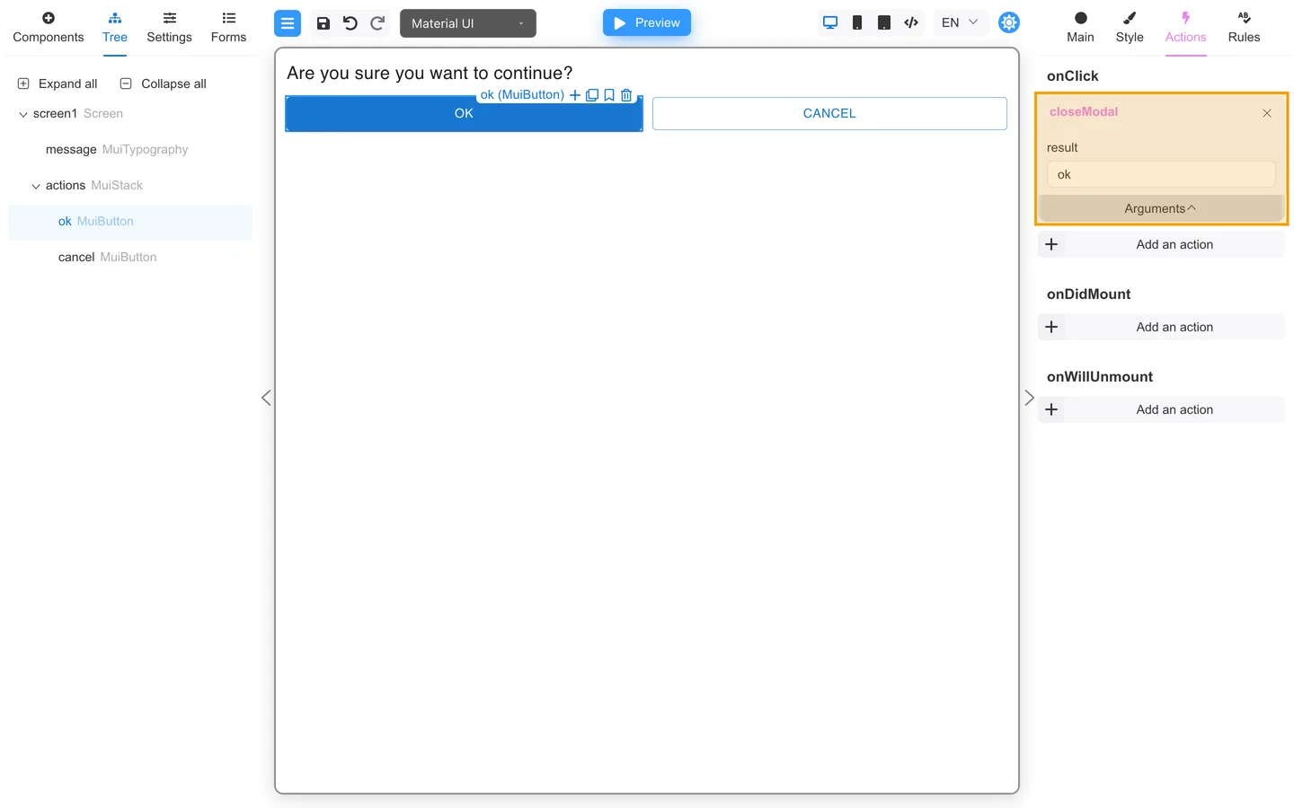 OK button Actions tab with closeModal and result ok highlighted.