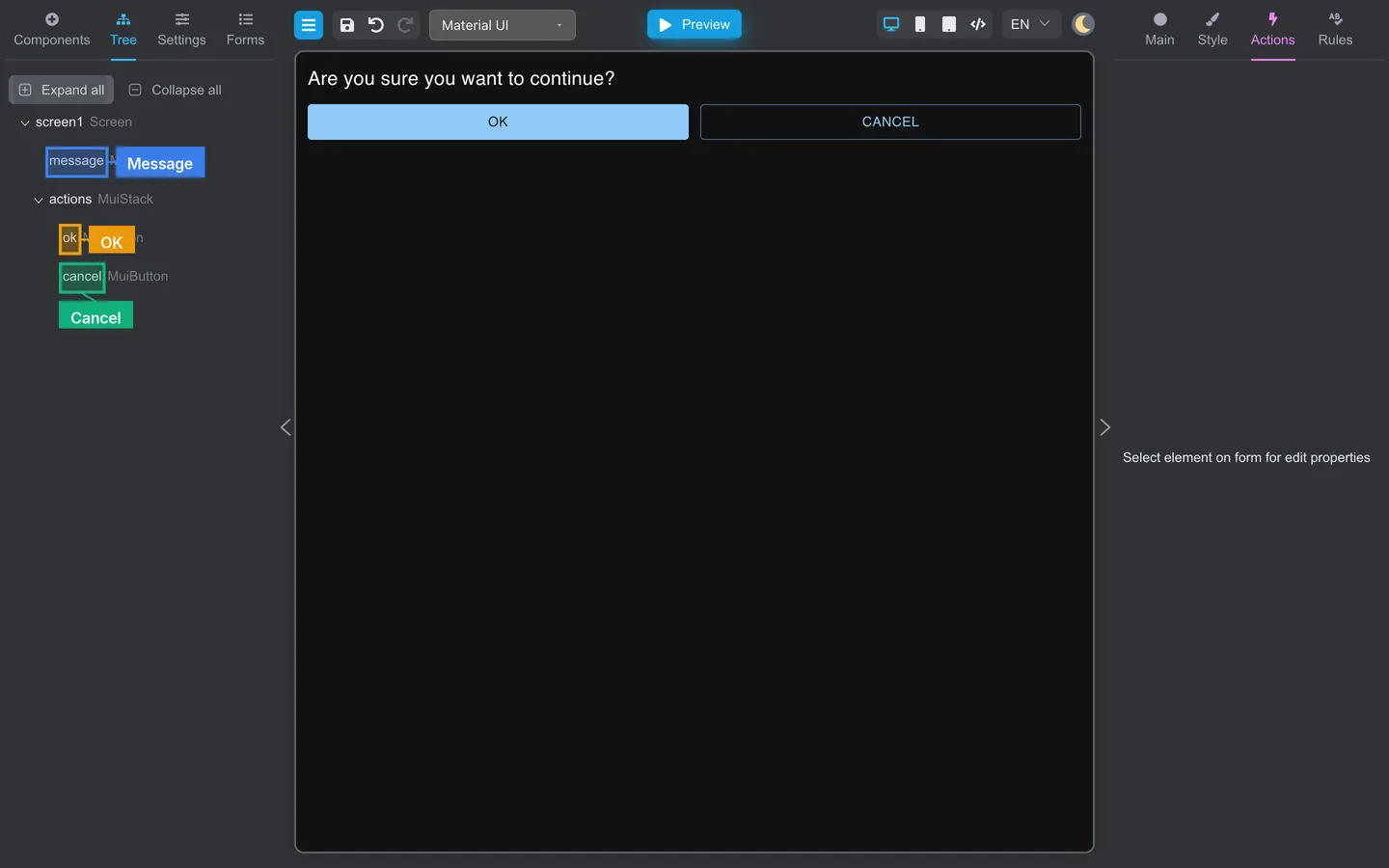 confirm-dialog form with message, OK, and Cancel highlighted.