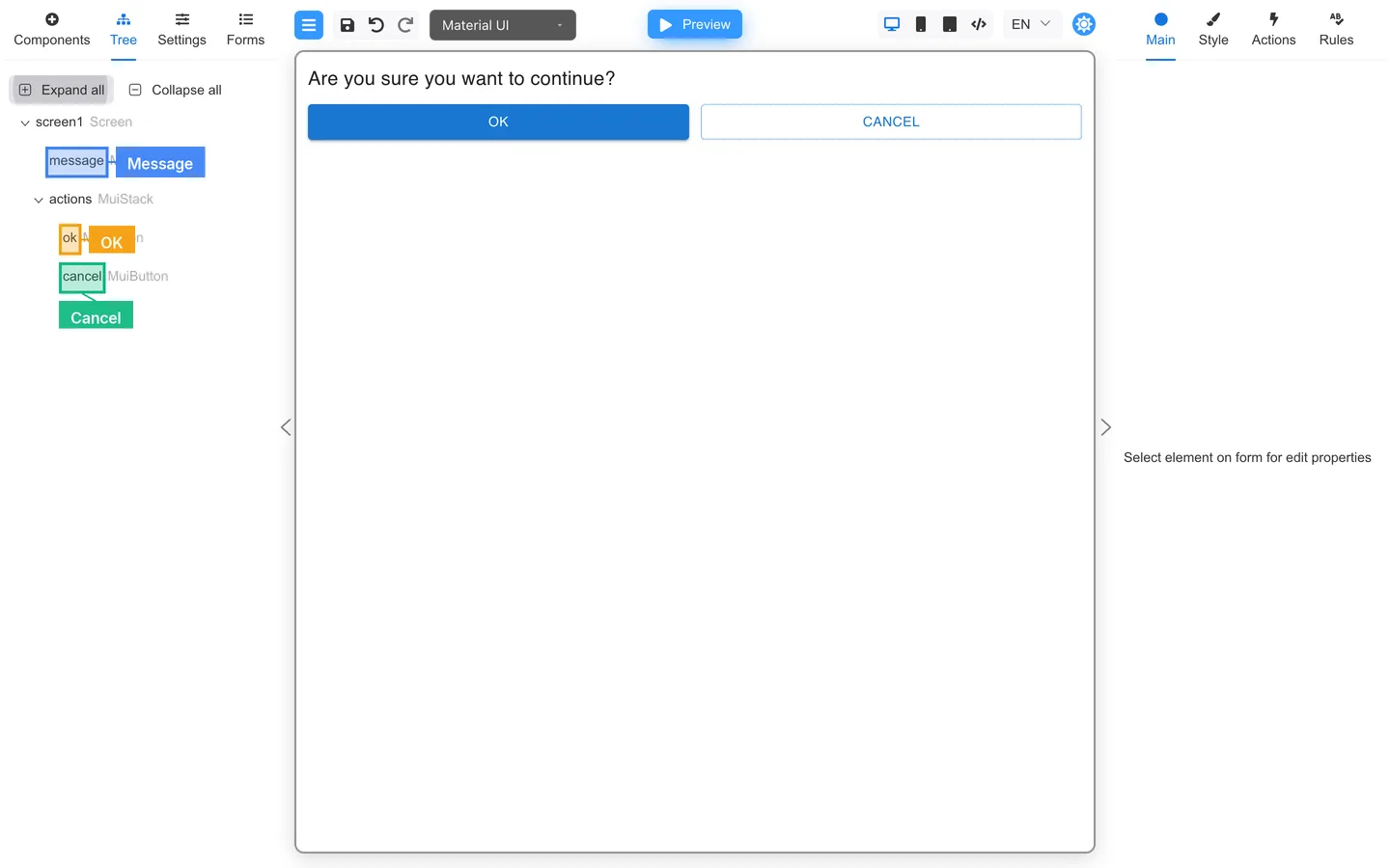 confirm-dialog form with message, OK, and Cancel highlighted.