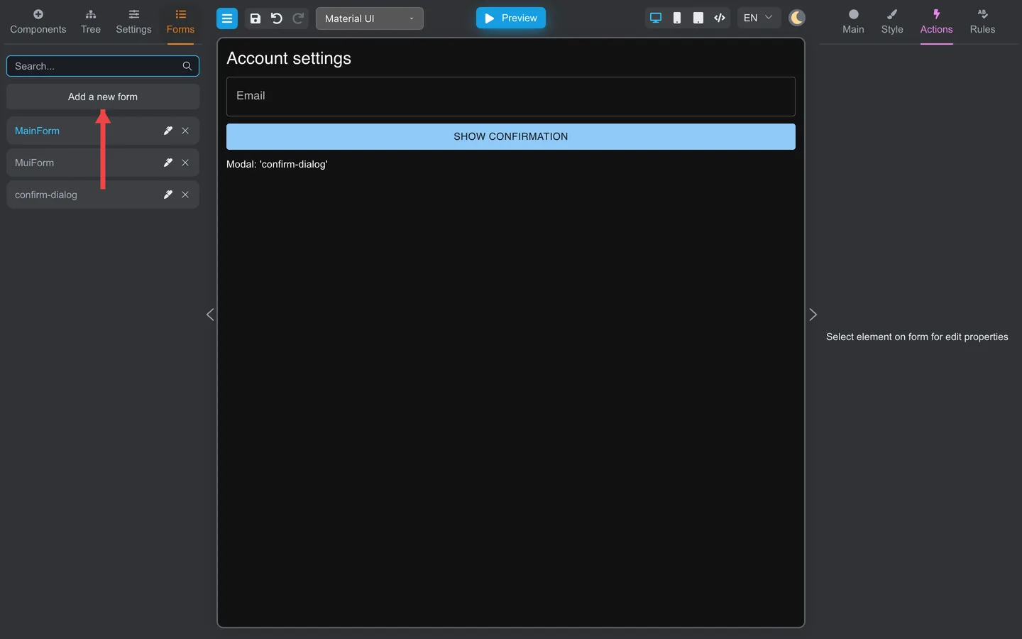 Forms tab with an arrow pointing to Add a new form.