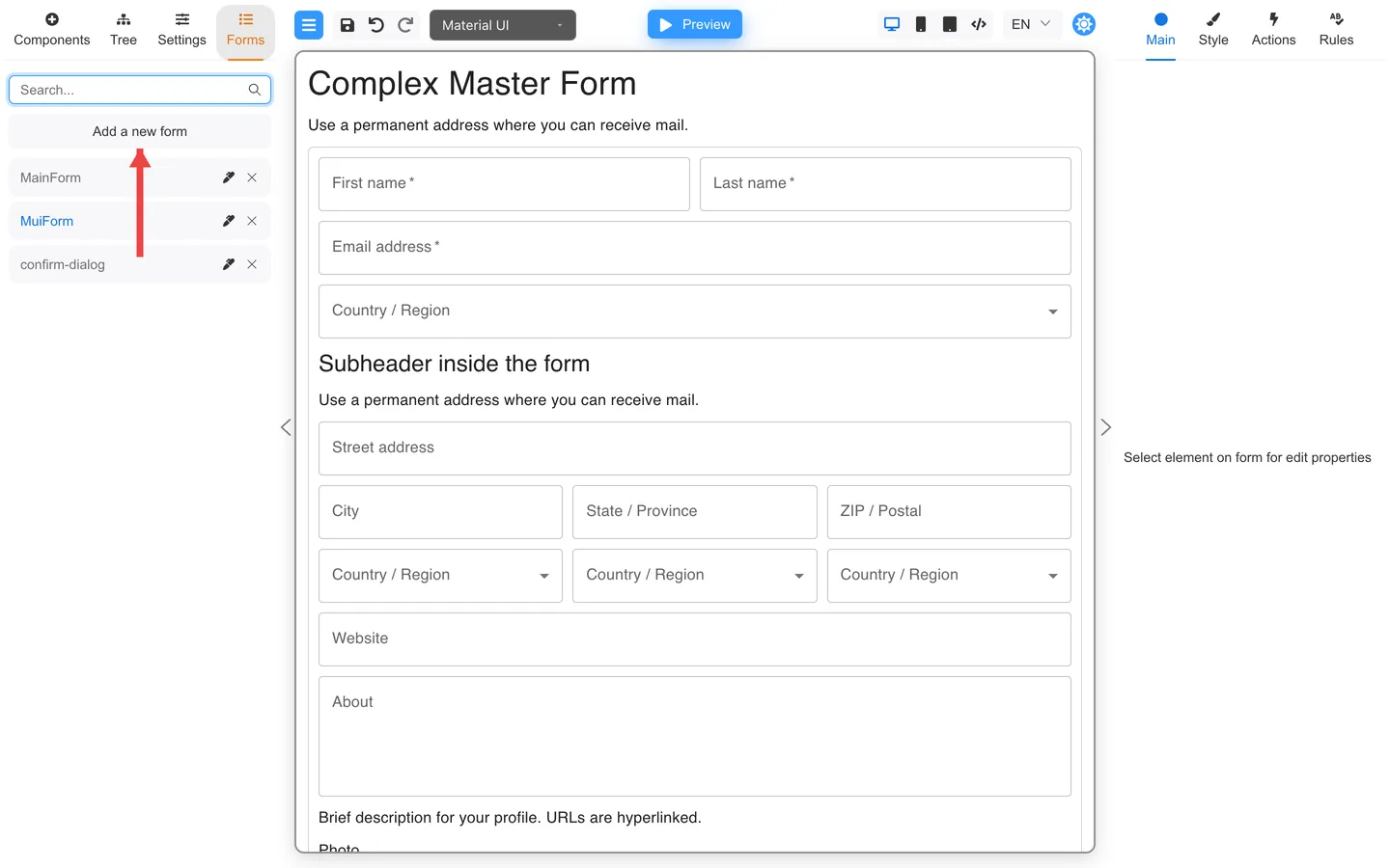 Forms tab with an arrow pointing to Add a new form.
