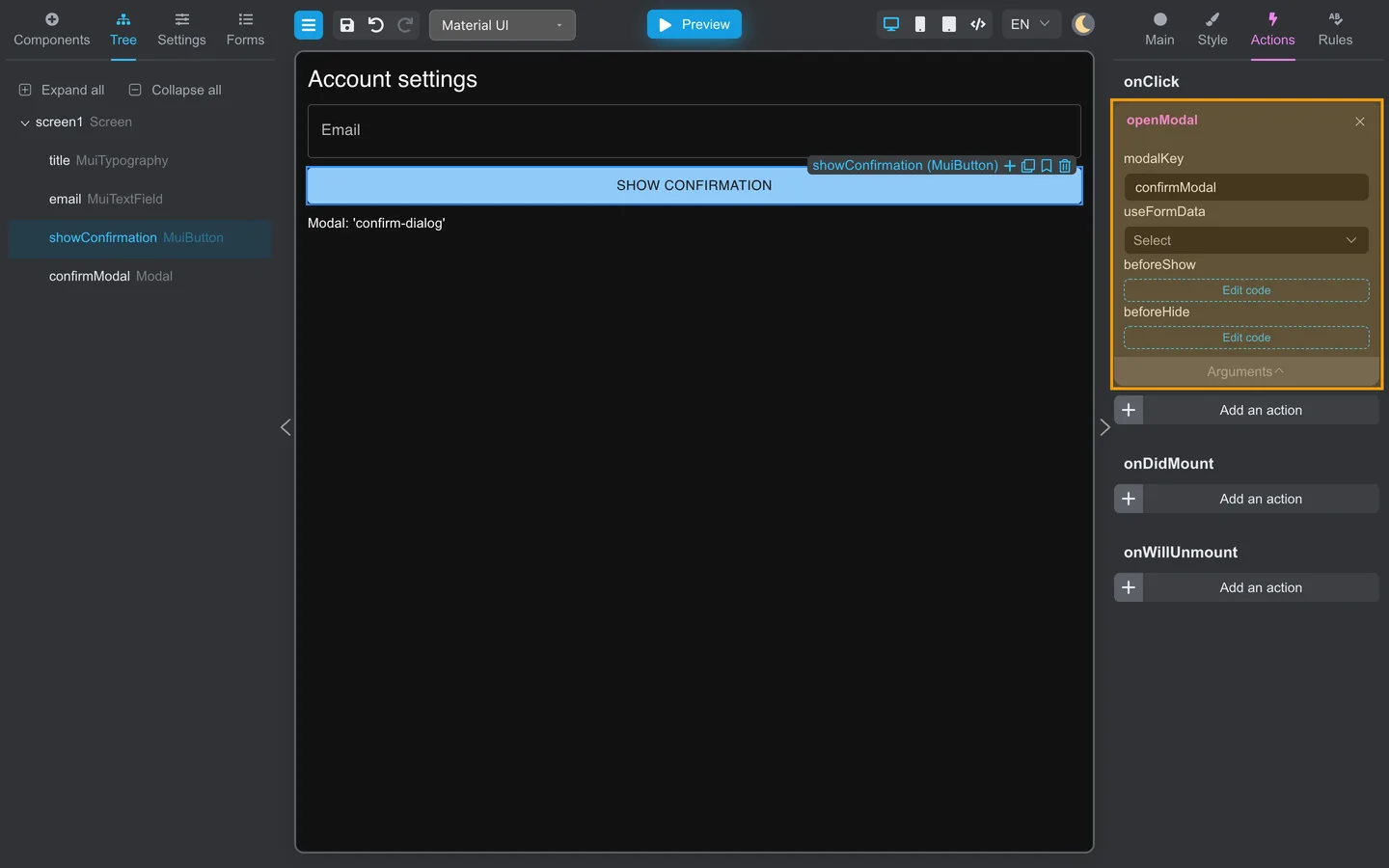 Show confirmation button Actions with openModal and modalKey confirmModal highlighted.