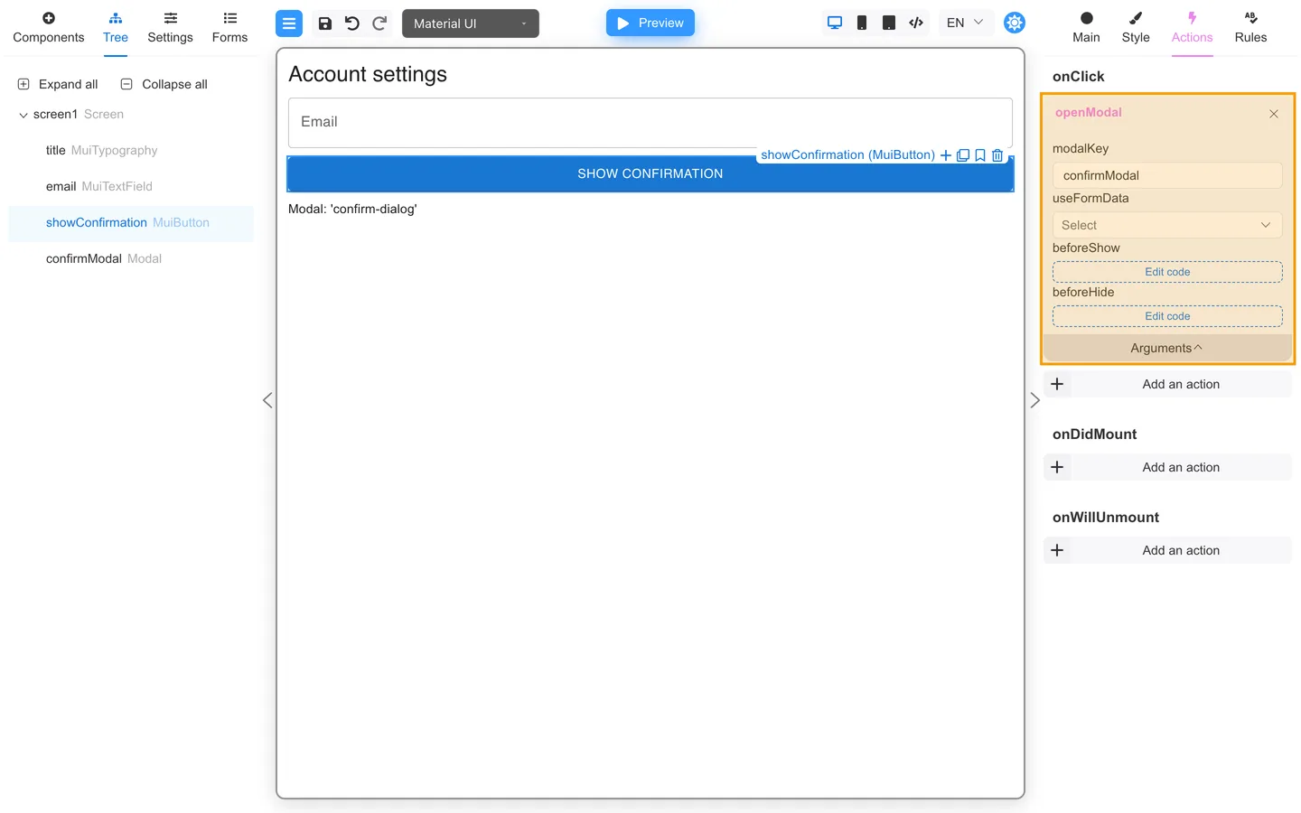 Show confirmation button Actions with openModal and modalKey confirmModal highlighted.