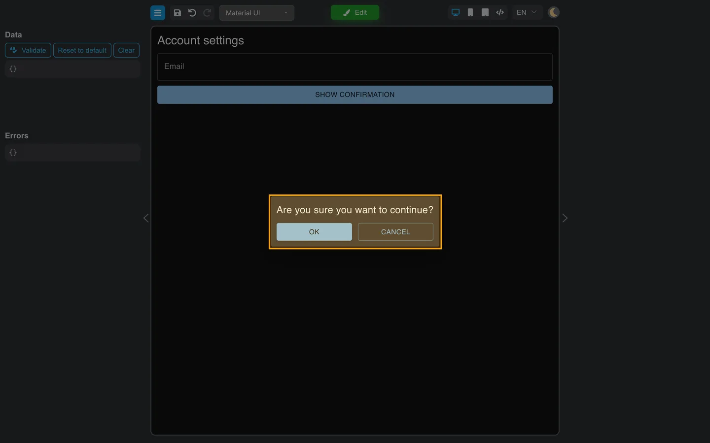 Preview with the confirmation dialog open after clicking Show confirmation.