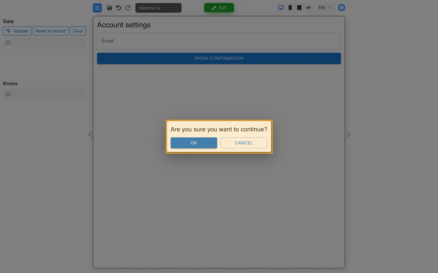 Preview with the confirmation dialog open after clicking Show confirmation.