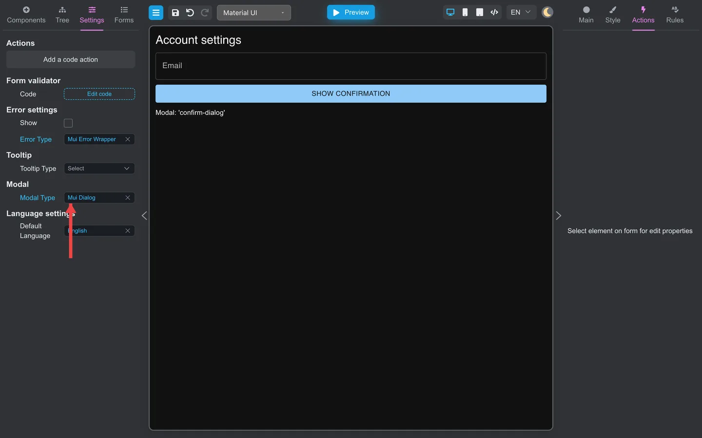 Settings Modal block with an arrow pointing to the modal type picker.