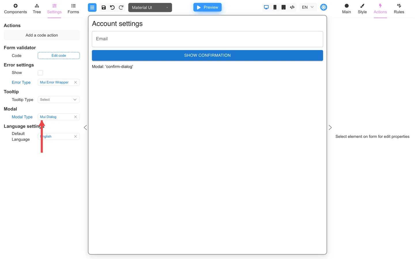 Settings Modal block with an arrow pointing to the modal type picker.