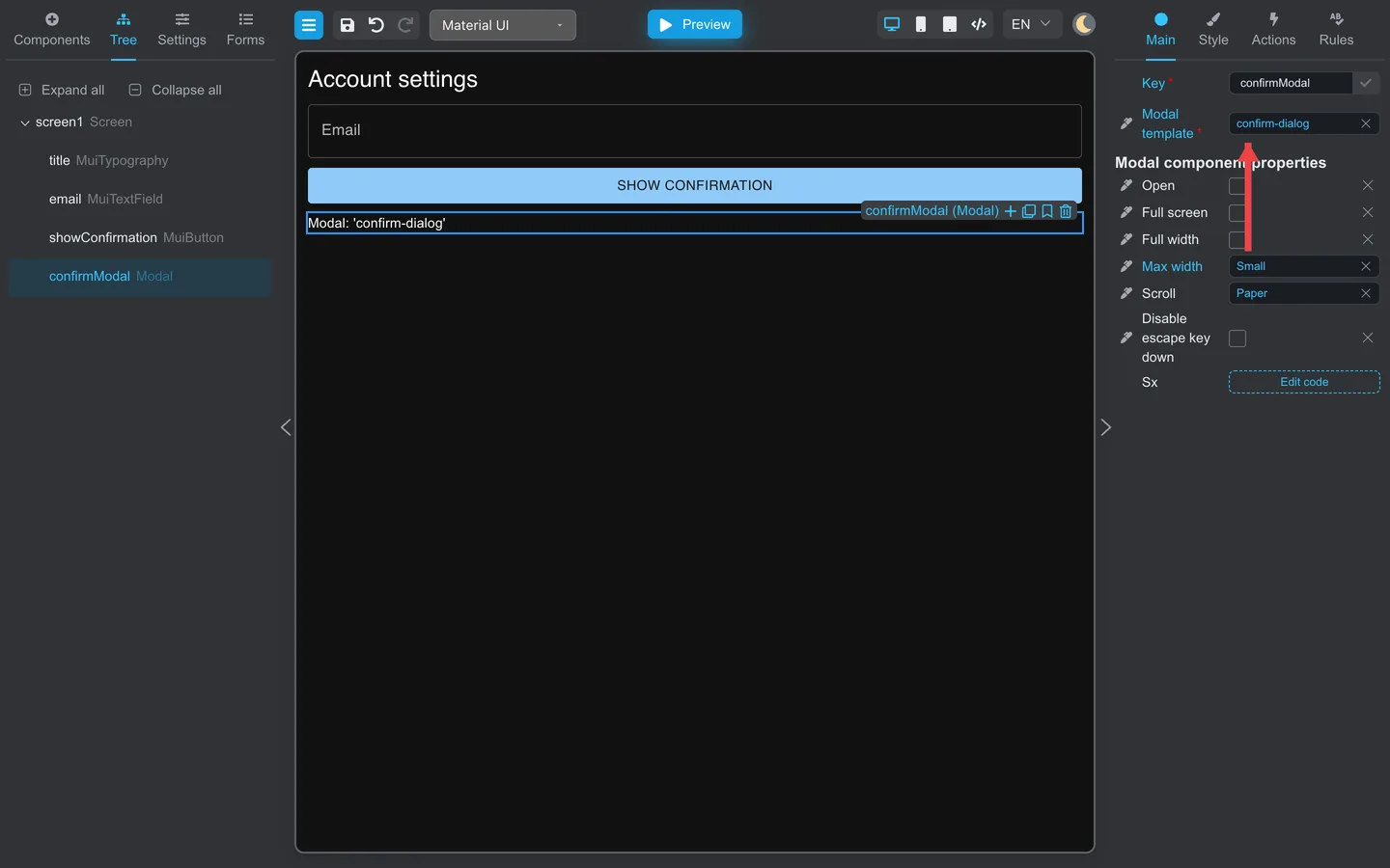 confirmModal selected with an arrow pointing to Modal template set to confirm-dialog.
