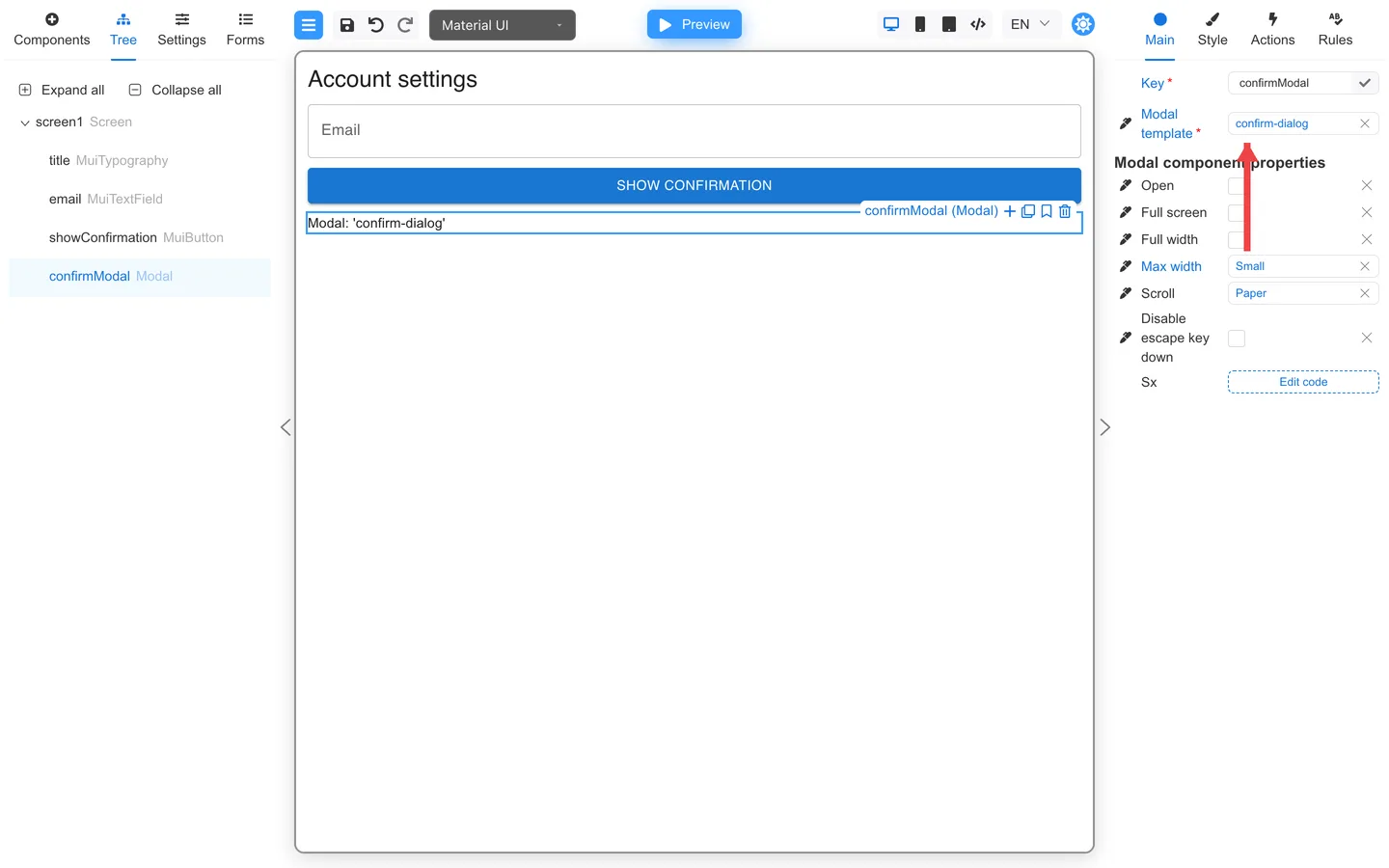 confirmModal selected with an arrow pointing to Modal template set to confirm-dialog.