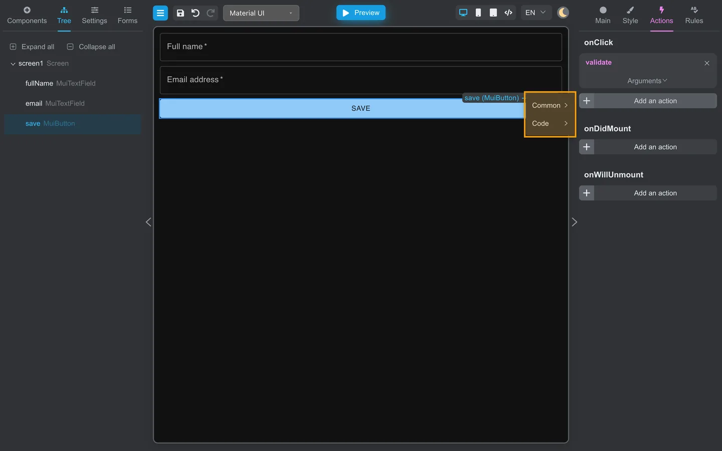 onClick Add an action menu open on the Actions tab.