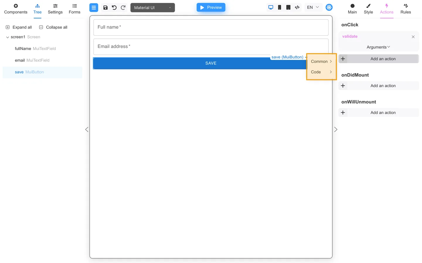 onClick Add an action menu open on the Actions tab.